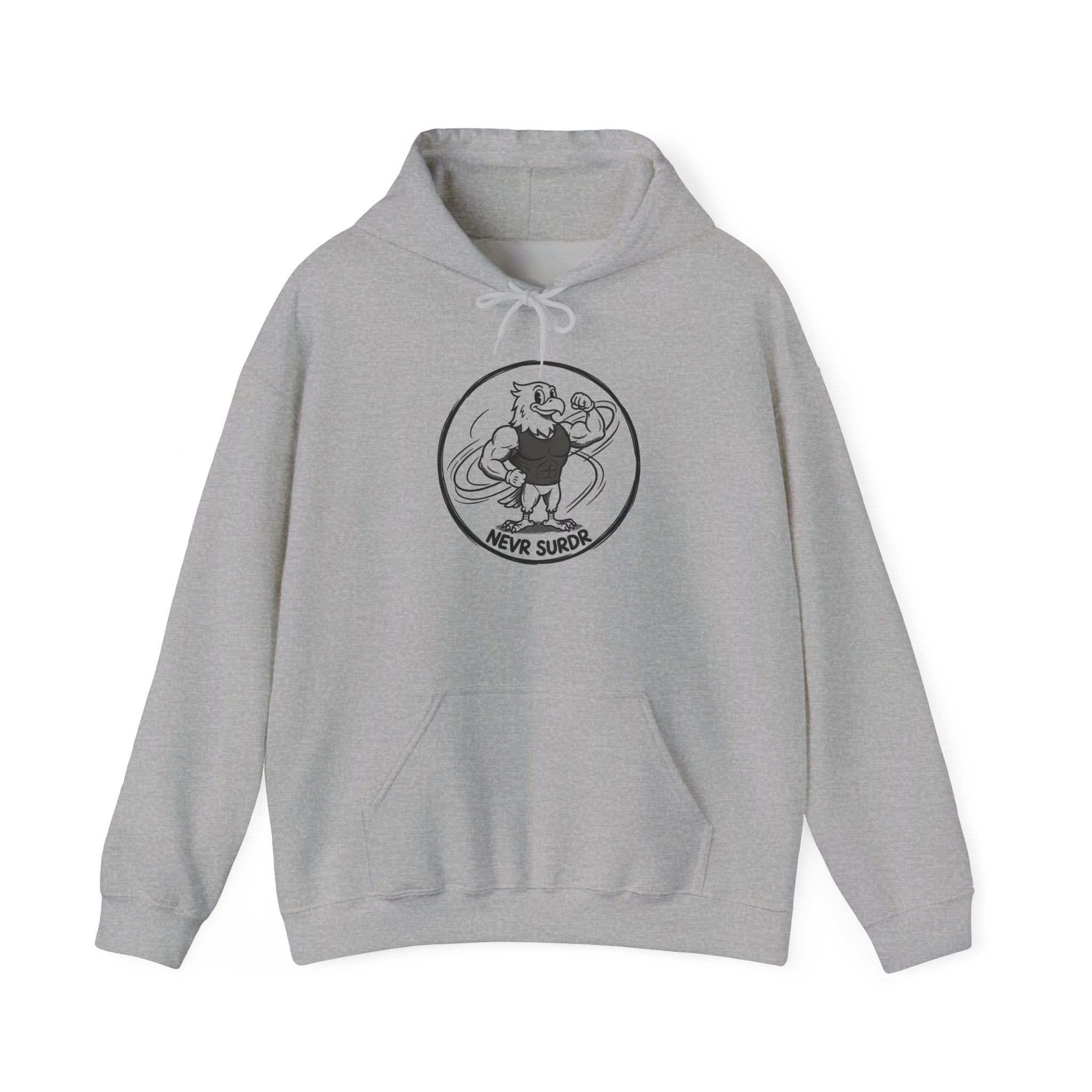 Never Surrender Hoodie — Vintage Strongman Graphic Hooded Sweatshirt