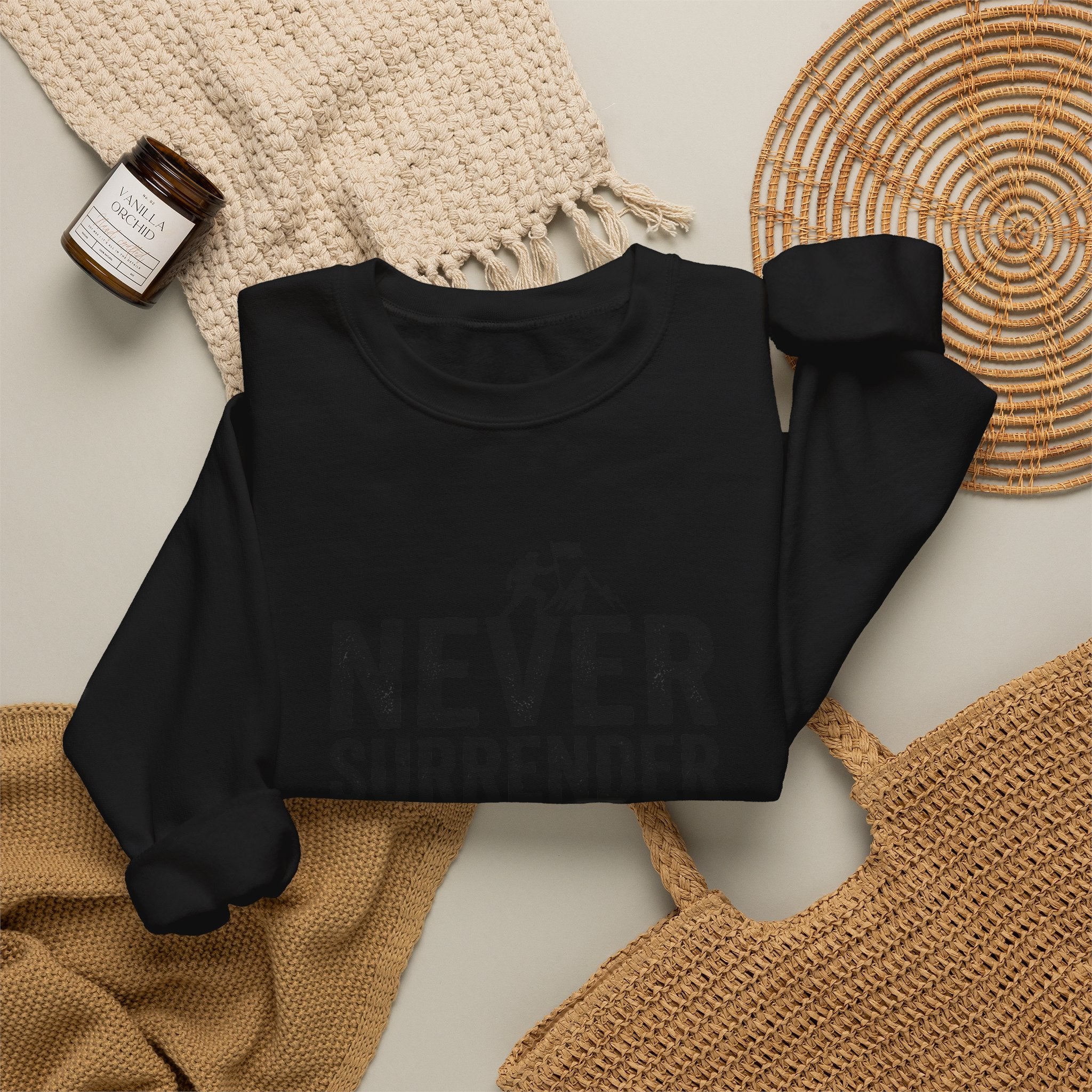 Never Surrender Sweatshirt — Motivational Crewneck for Resilience & Strength