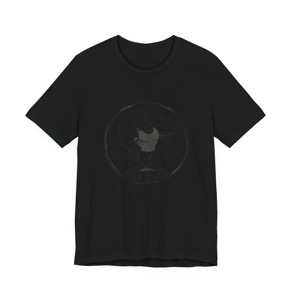 T-Shirt — 'NEVR SURDR' Strongman Cartoon Graphic Tee