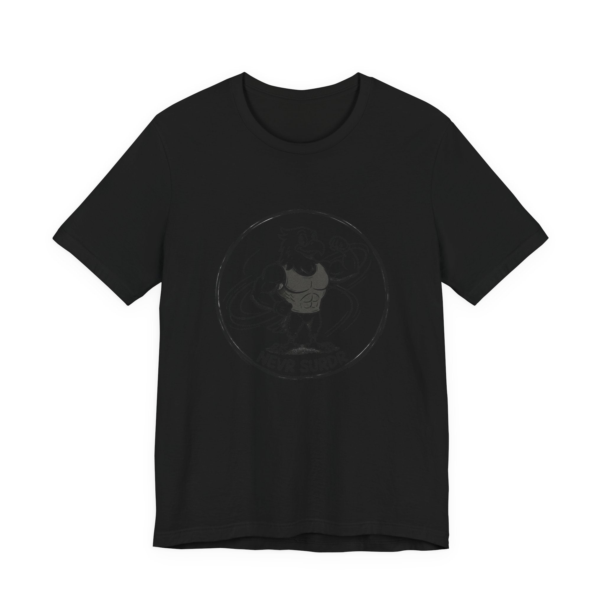 T-Shirt — 'NEVR SURDR' Strongman Cartoon Graphic Tee