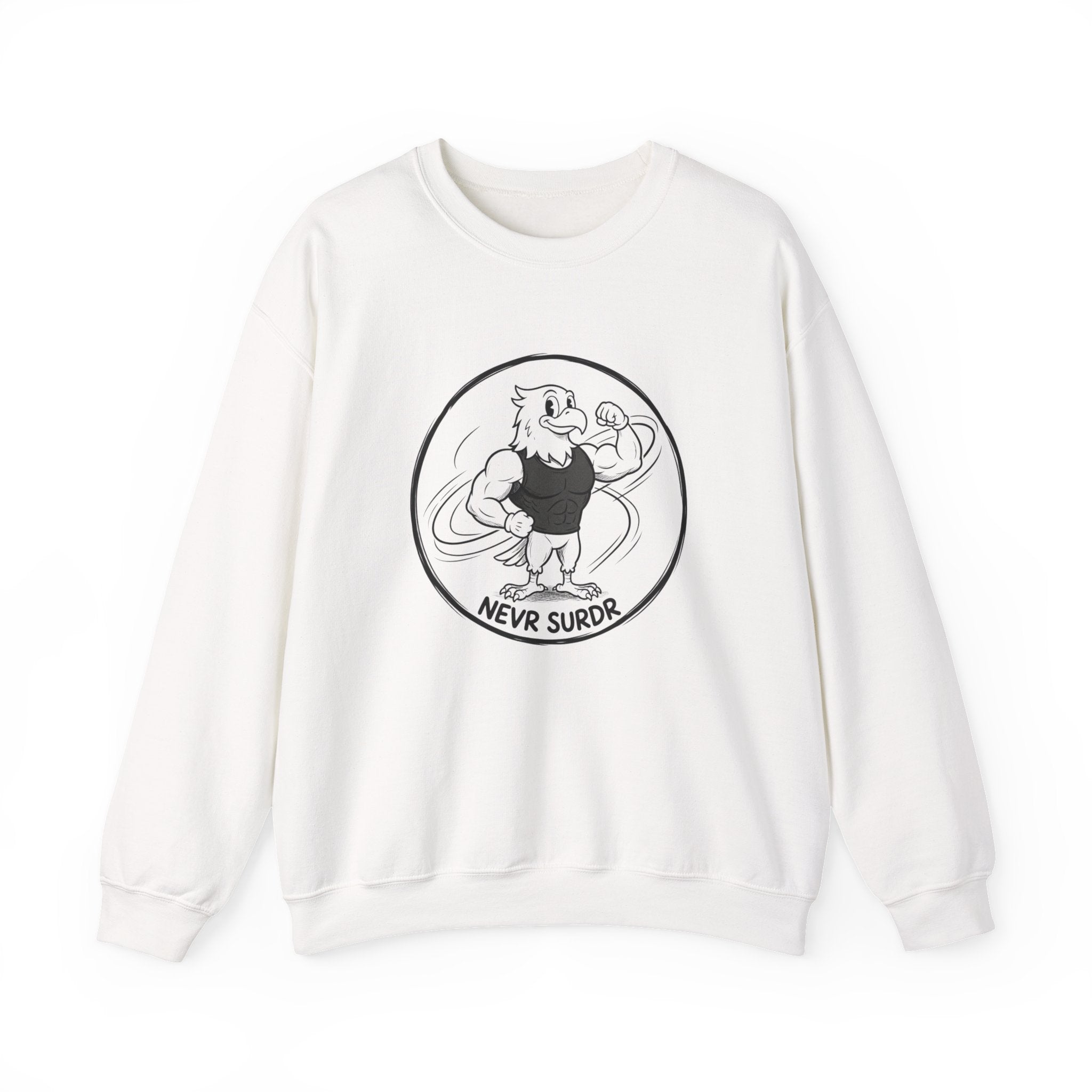 Crewneck Sweatshirt — 'Nevr Surrd' Vintage Strongman Graphic