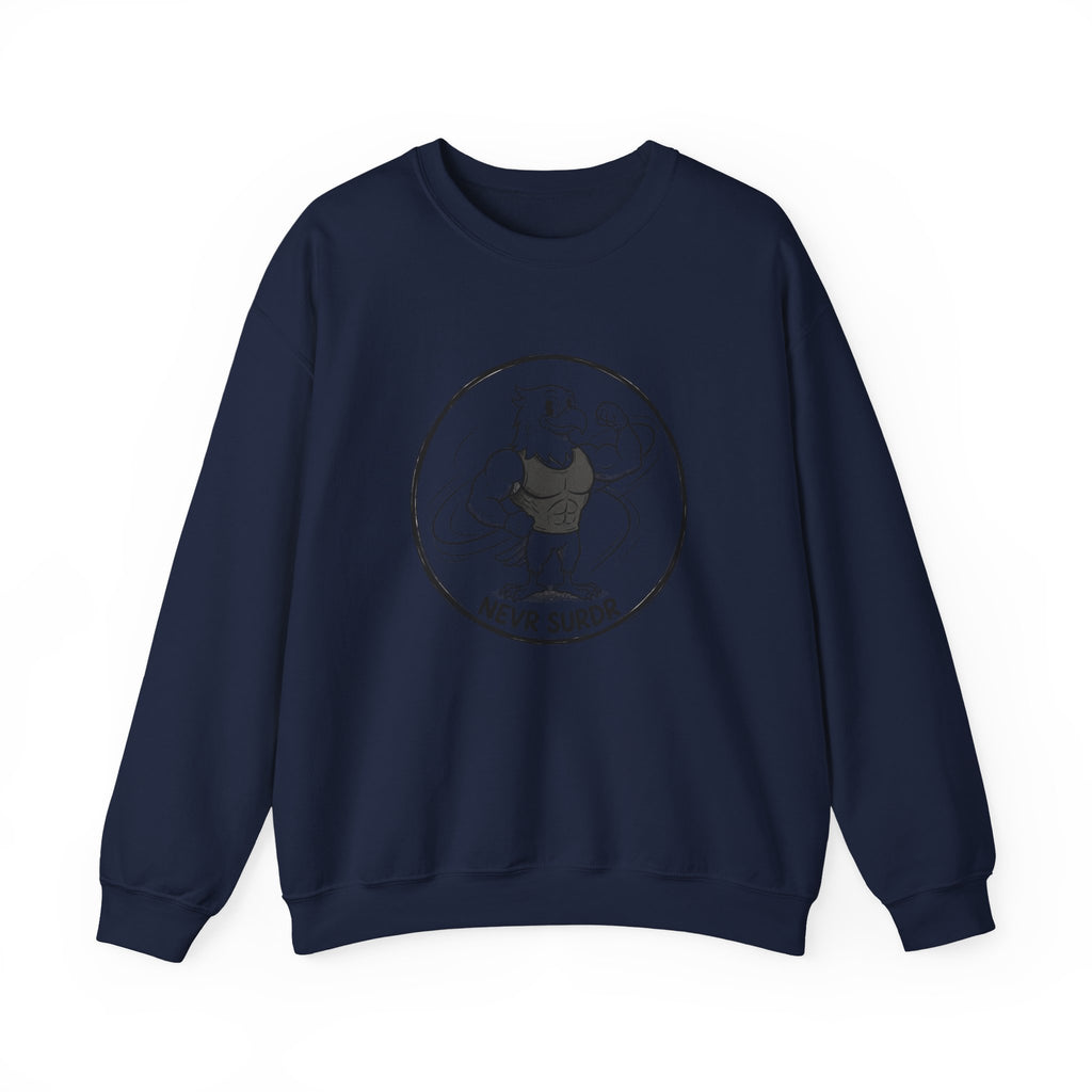Crewneck Sweatshirt — 'Nevr Surrd' Vintage Strongman Graphic