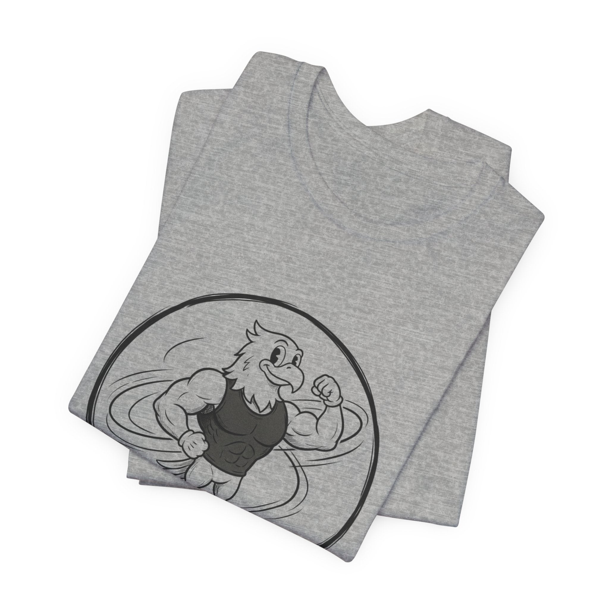 T-Shirt — 'NEVR SURDR' Strongman Cartoon Graphic Tee