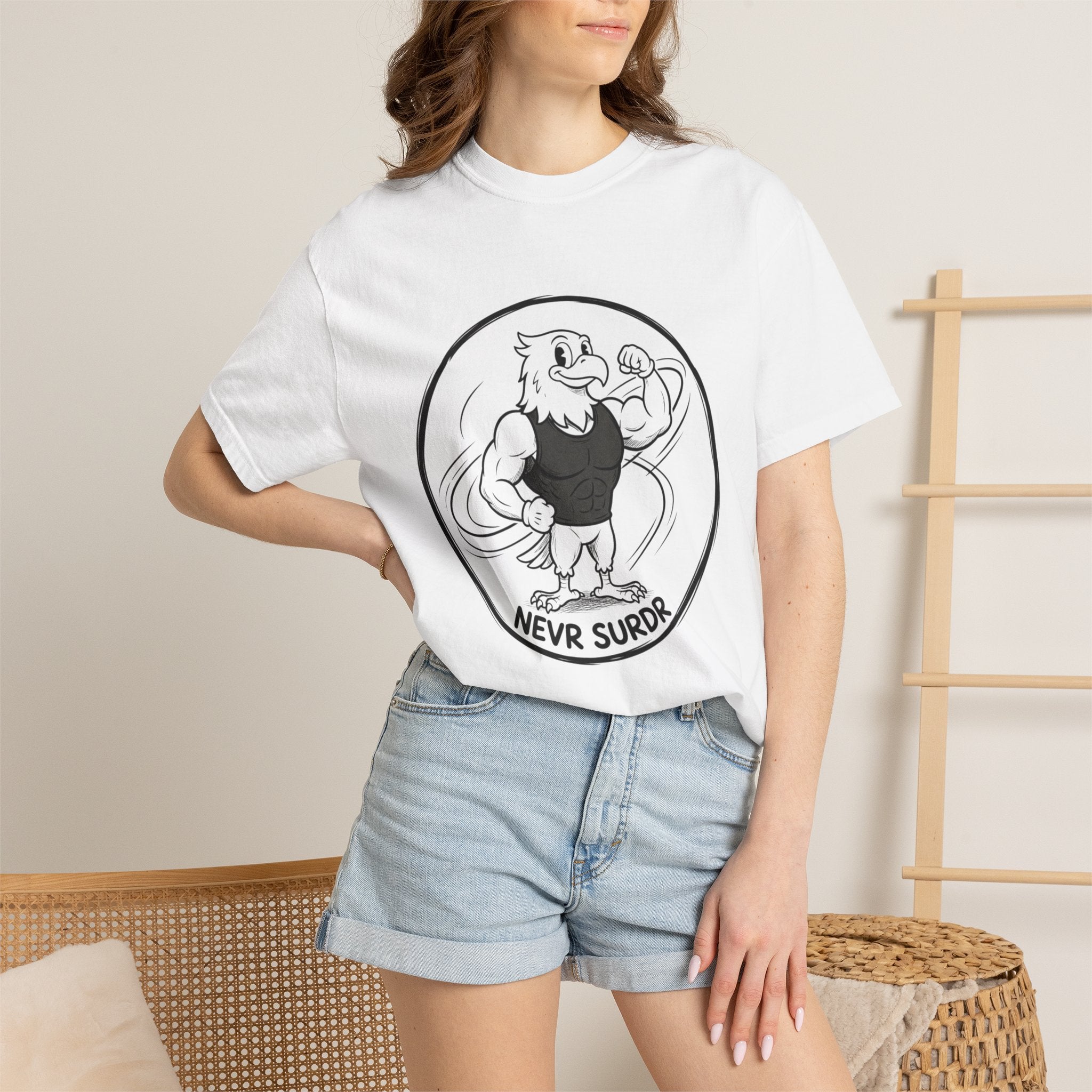Eagle Strength T-Shirt — 'NEVR SURDR' Retro Athletic Graphic Tee