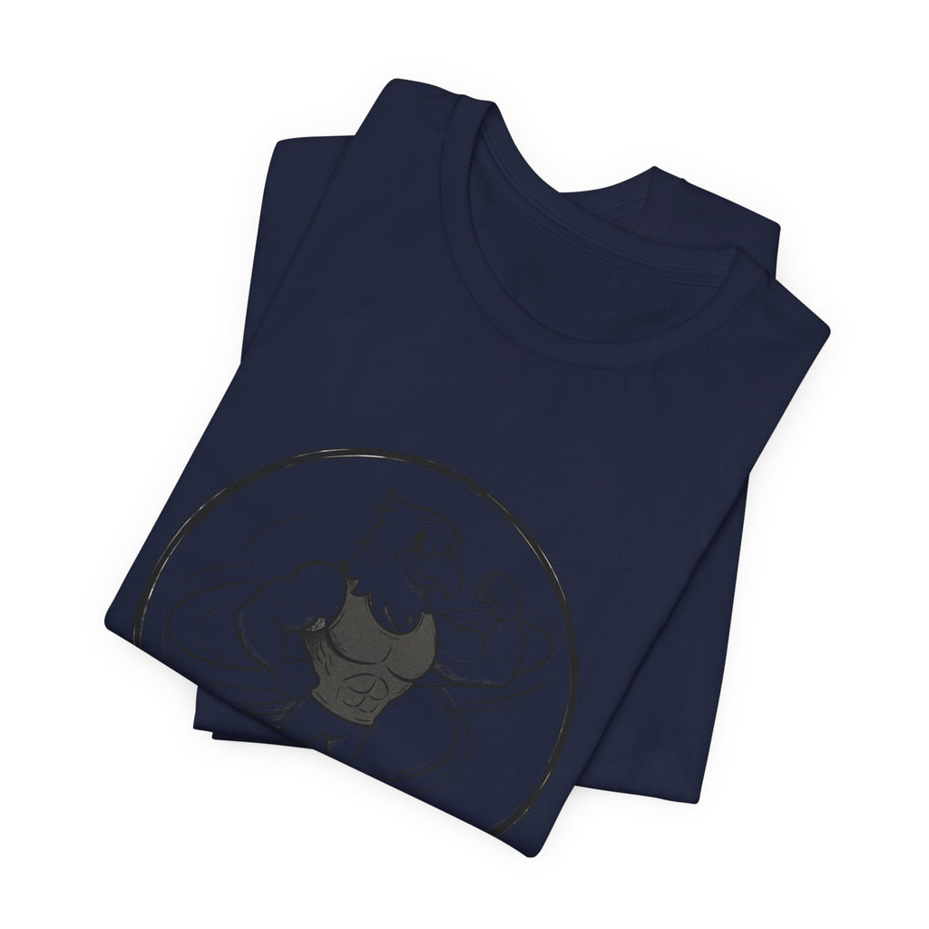 T-Shirt — 'NEVR SURDR' Strongman Cartoon Graphic Tee