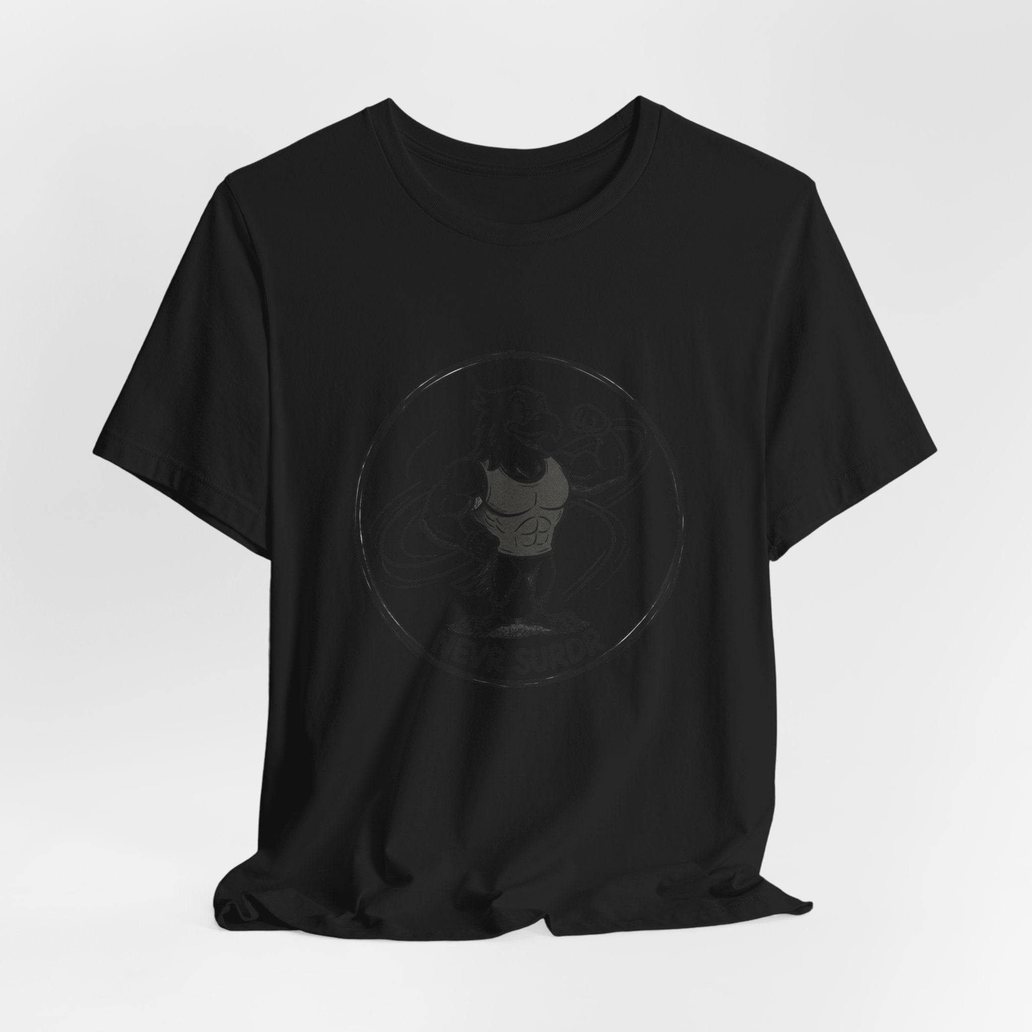 T-Shirt — 'NEVR SURDR' Strongman Cartoon Graphic Tee