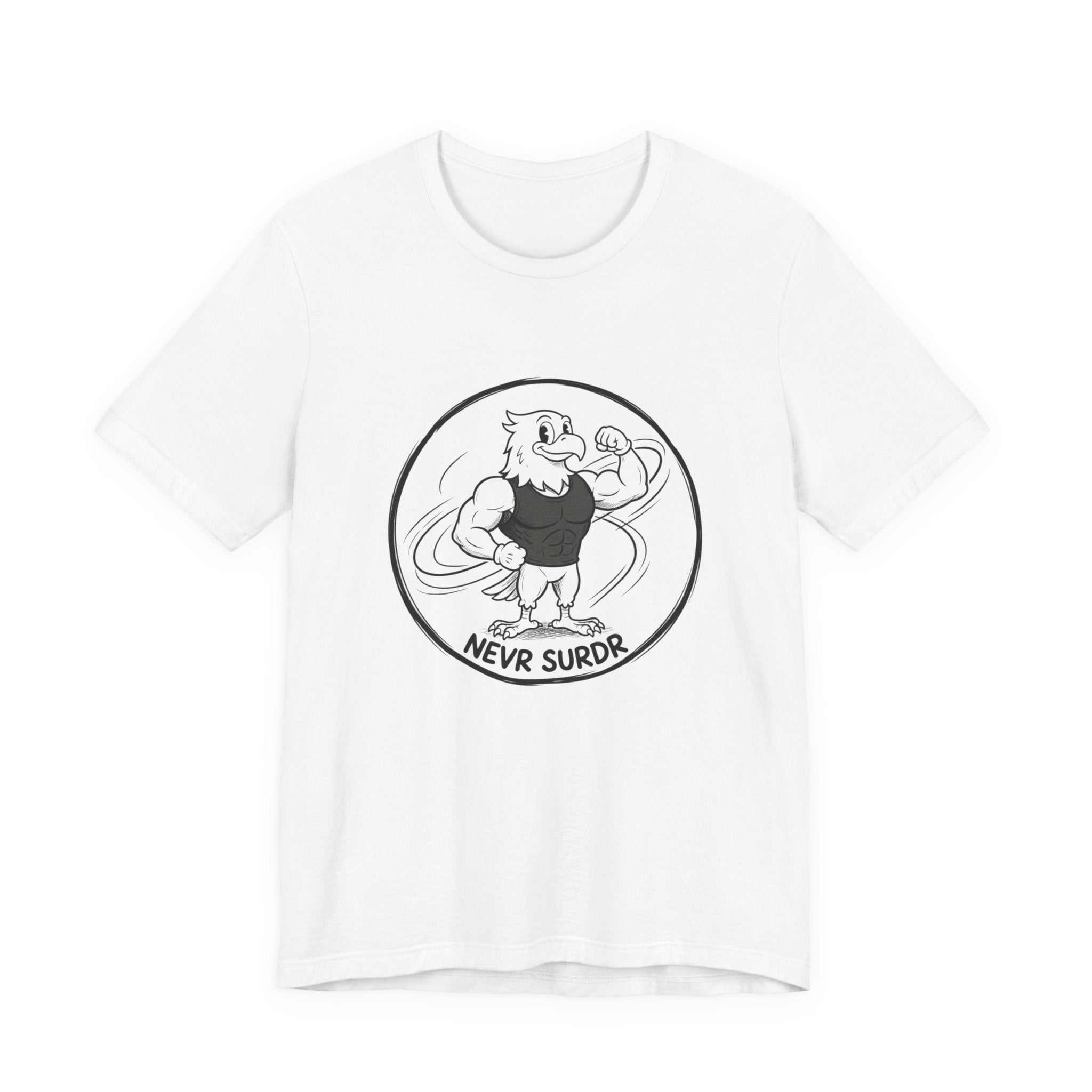 T-Shirt — 'NEVR SURDR' Strongman Cartoon Graphic Tee