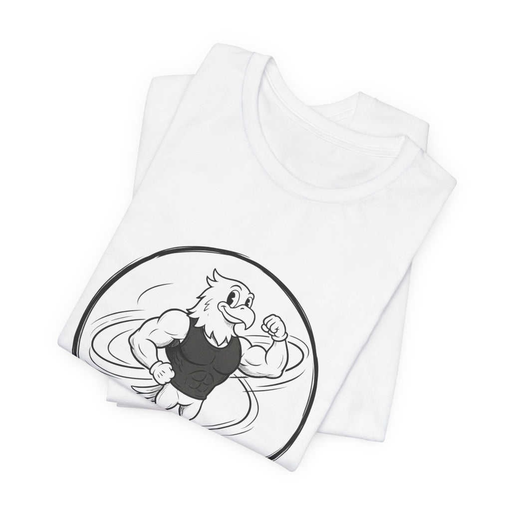 T-Shirt — 'NEVR SURDR' Strongman Cartoon Graphic Tee