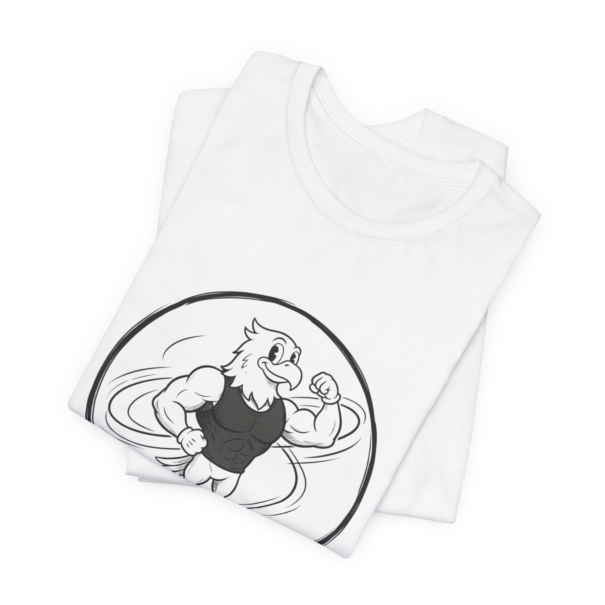 T-Shirt — 'NEVR SURDR' Strongman Cartoon Graphic Tee