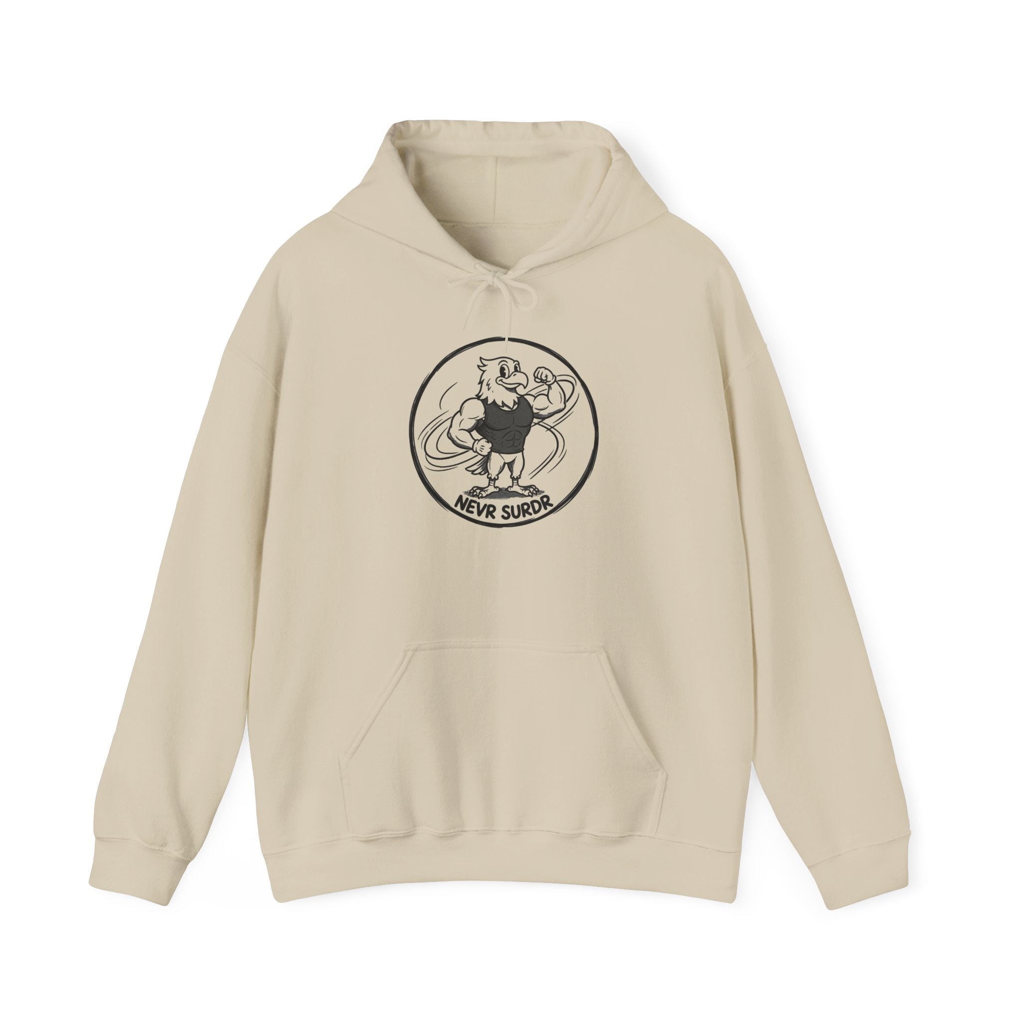 Never Surrender Hoodie — Vintage Strongman Graphic Hooded Sweatshirt