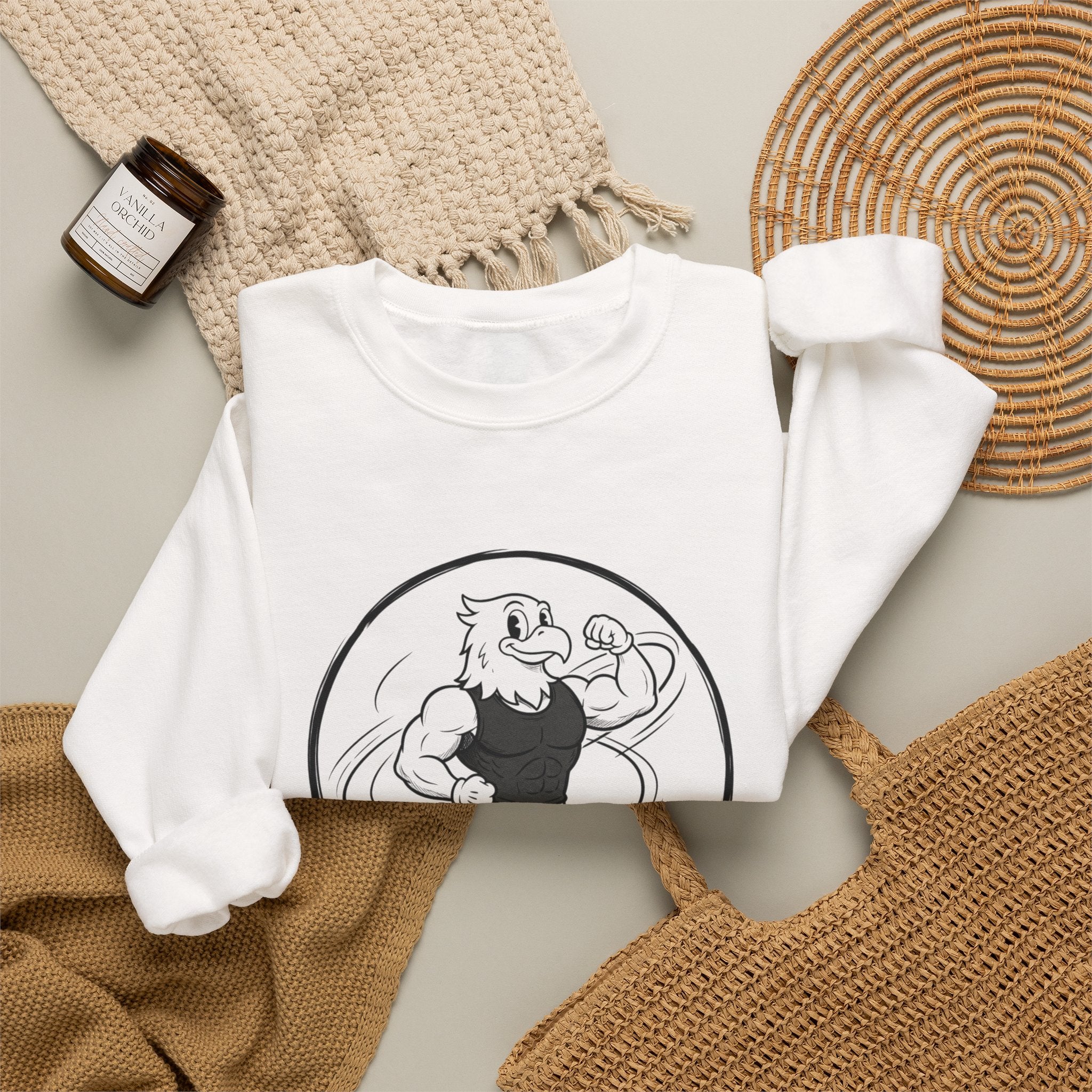 Crewneck Sweatshirt — 'Nevr Surrd' Vintage Strongman Graphic