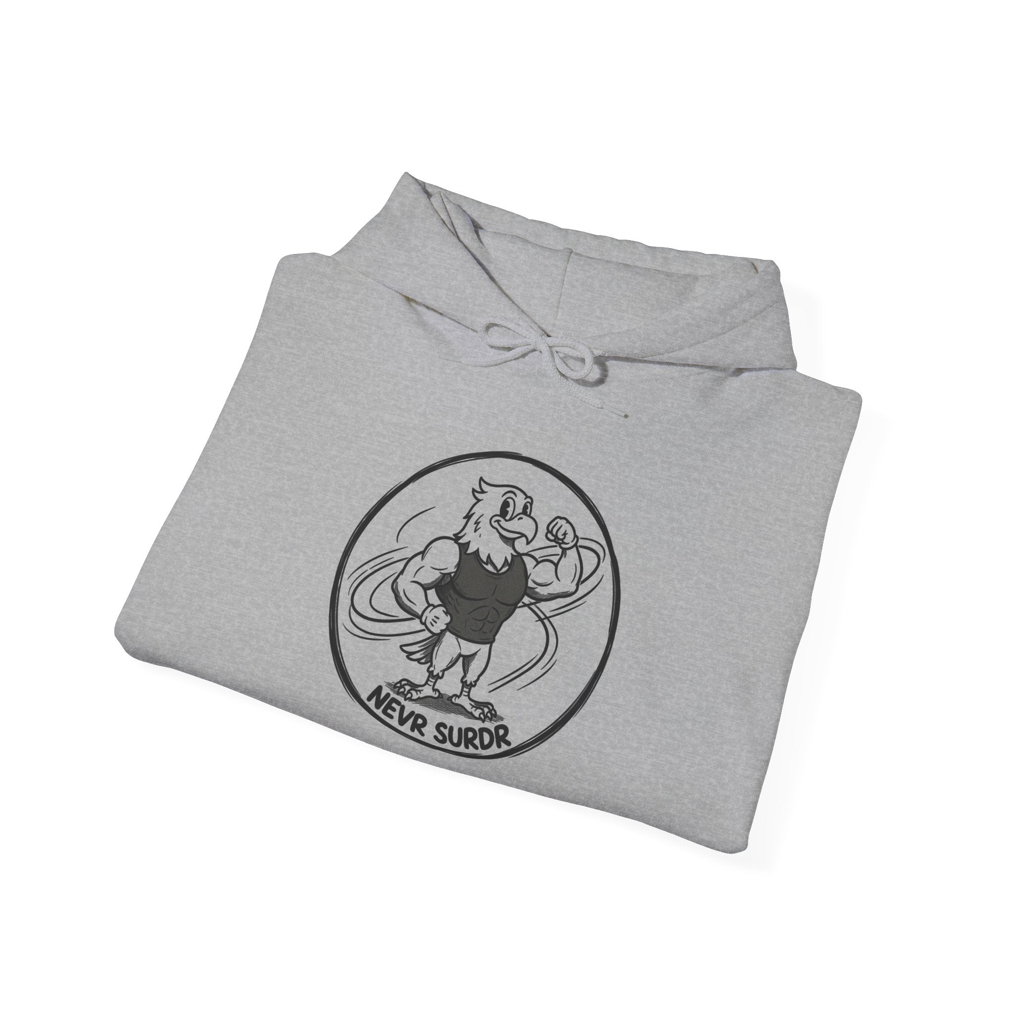 Never Surrender Hoodie — Vintage Strongman Graphic Hooded Sweatshirt