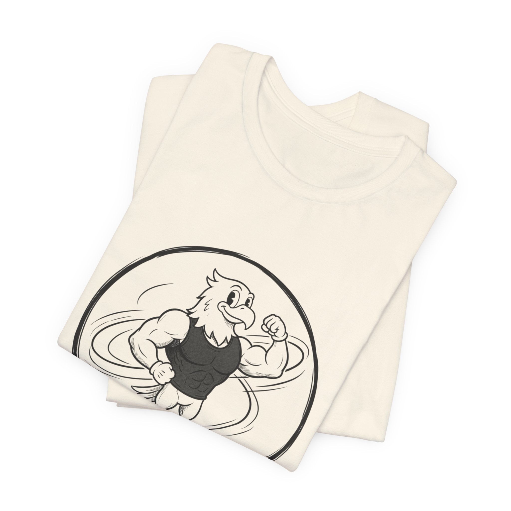 T-Shirt — 'NEVR SURDR' Strongman Cartoon Graphic Tee