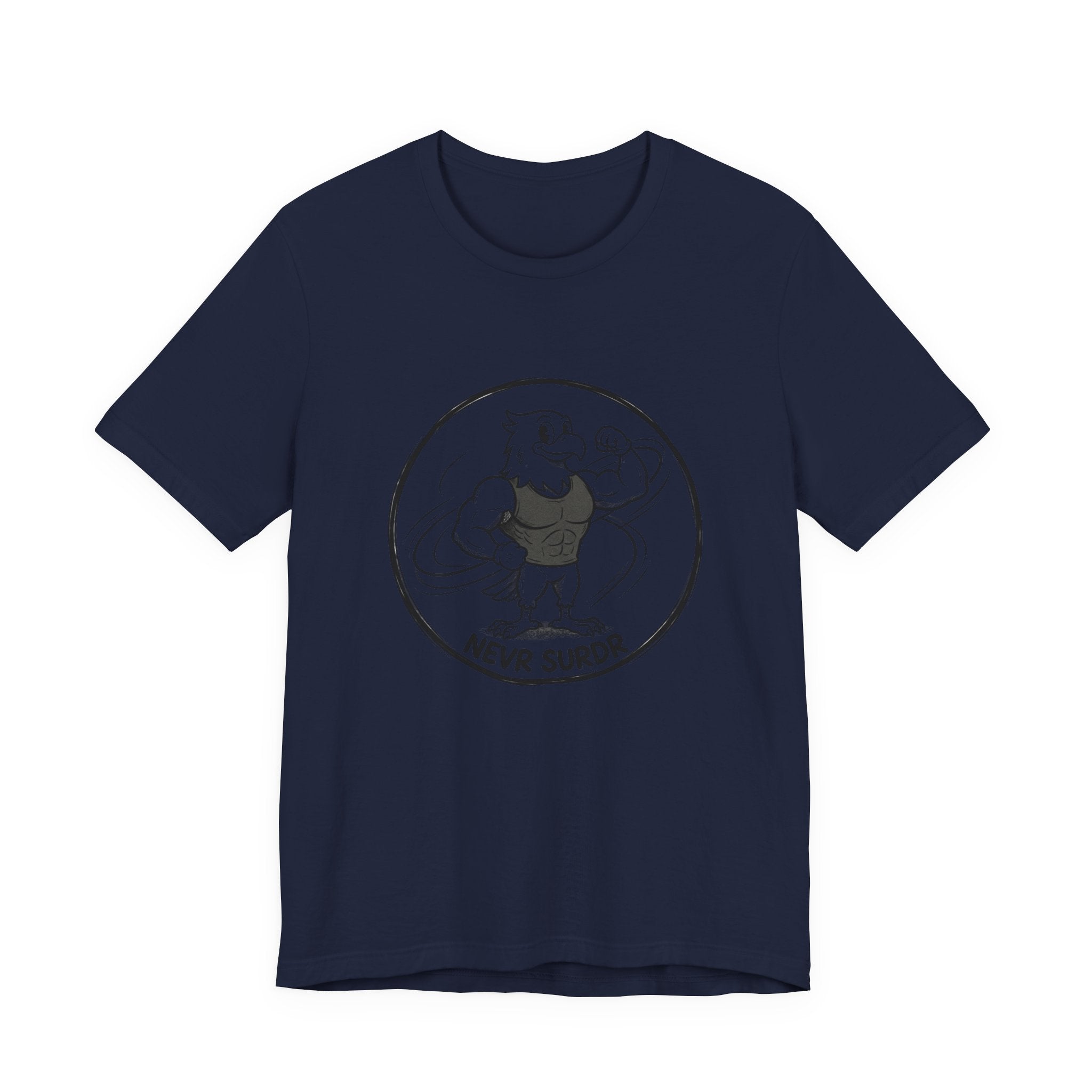 T-Shirt — 'NEVR SURDR' Strongman Cartoon Graphic Tee