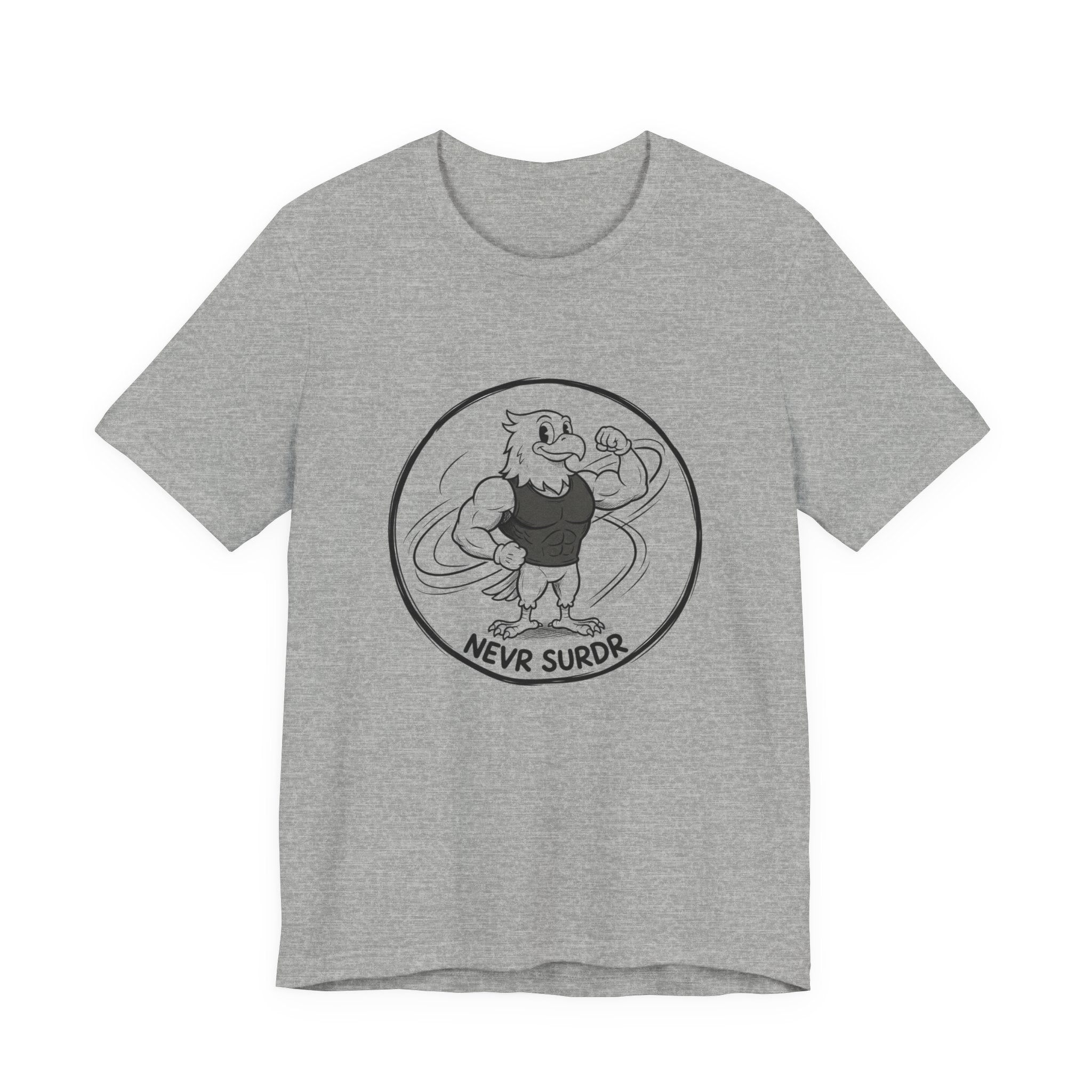 T-Shirt — 'NEVR SURDR' Strongman Cartoon Graphic Tee