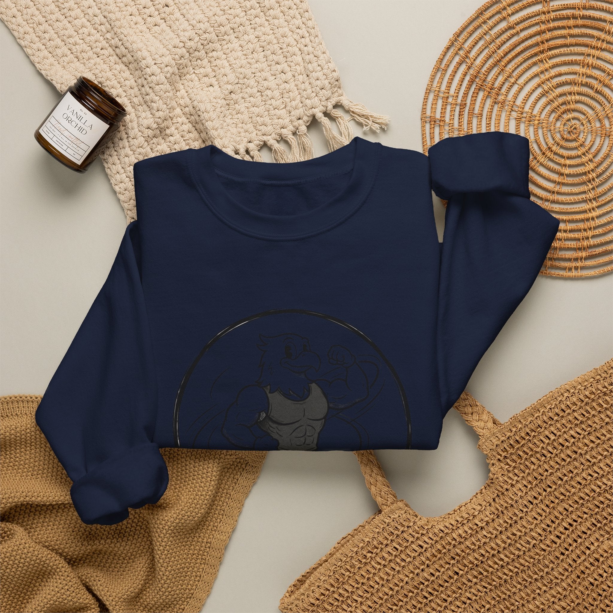 Crewneck Sweatshirt — 'Nevr Surrd' Vintage Strongman Graphic