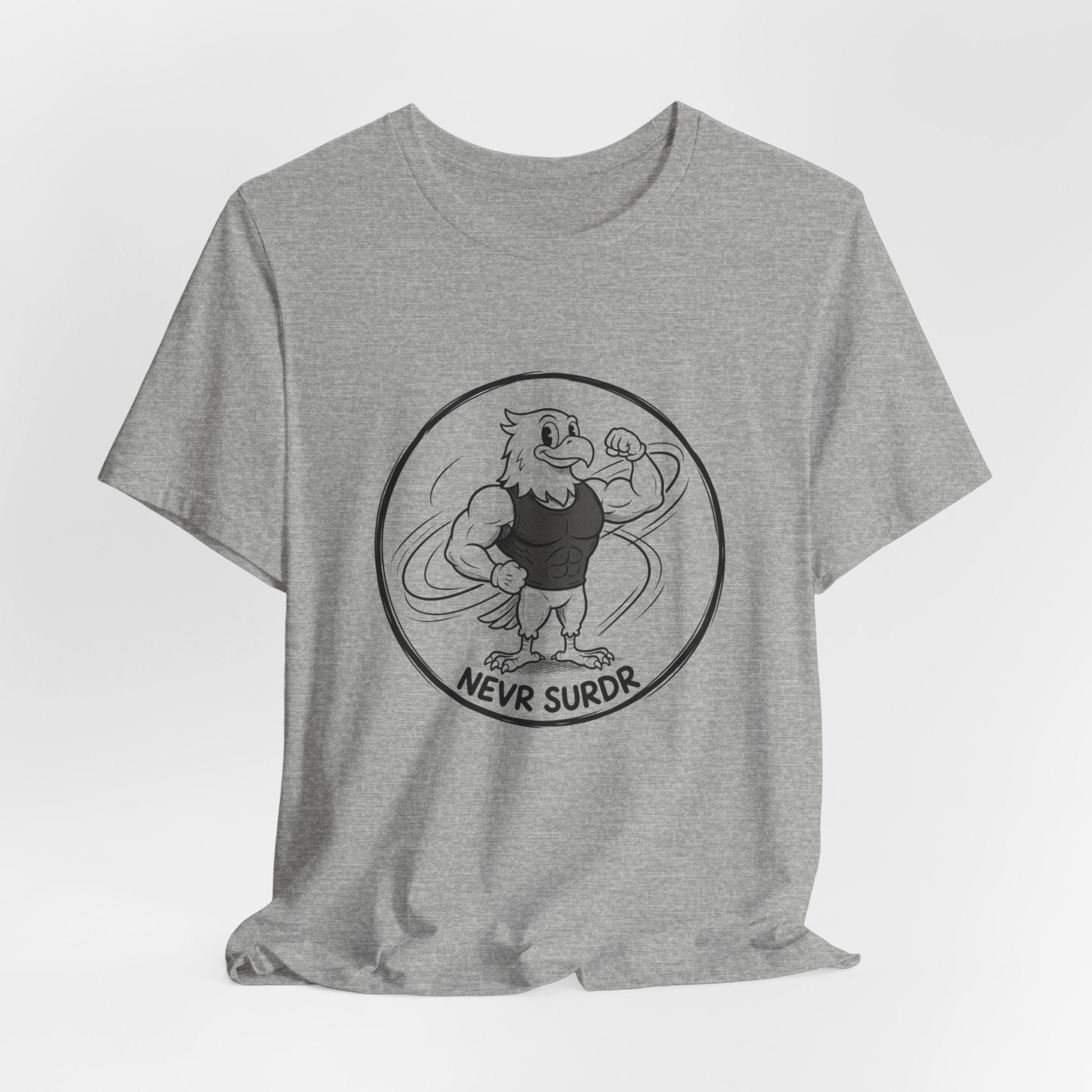 T-Shirt — 'NEVR SURDR' Strongman Cartoon Graphic Tee