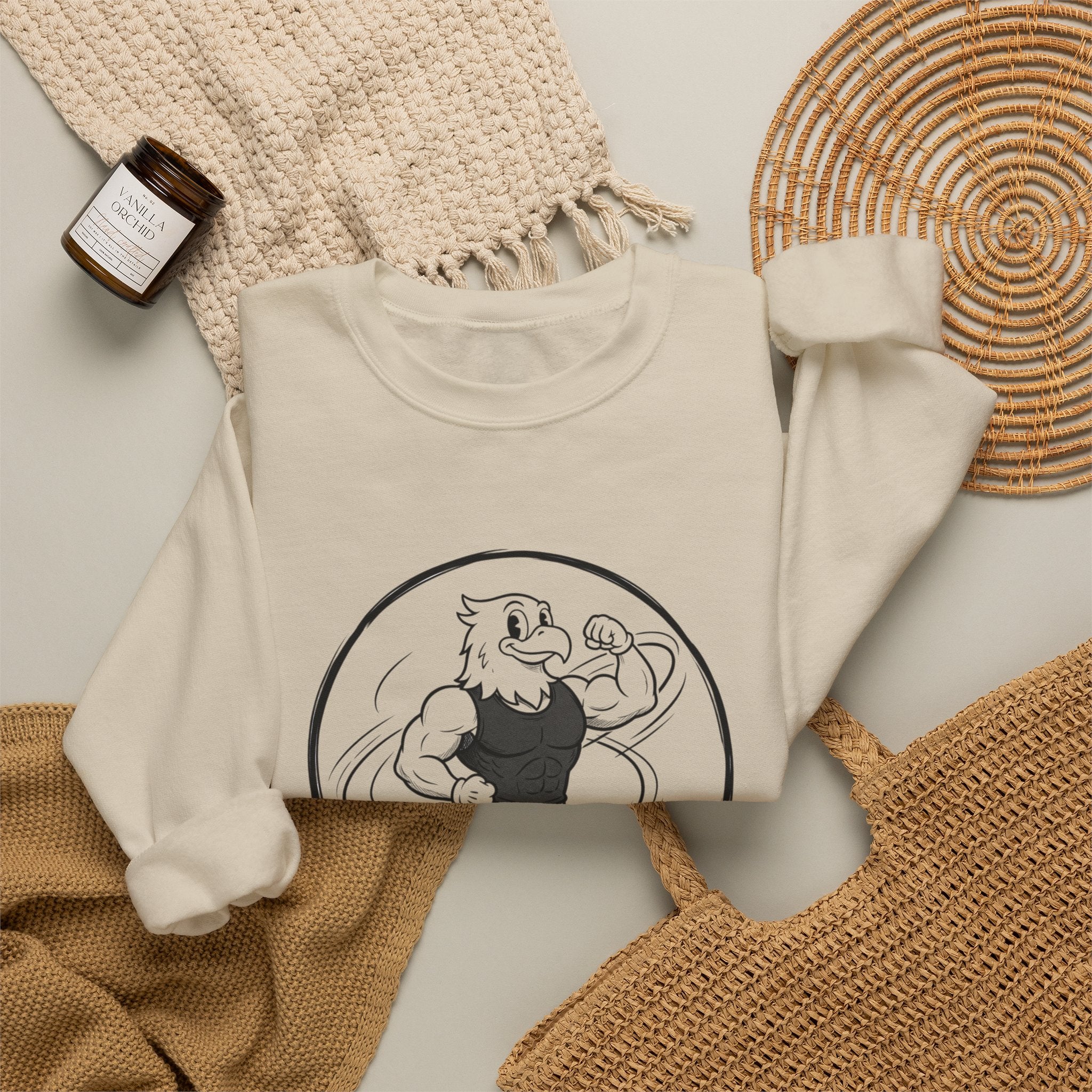 Crewneck Sweatshirt — 'Nevr Surrd' Vintage Strongman Graphic