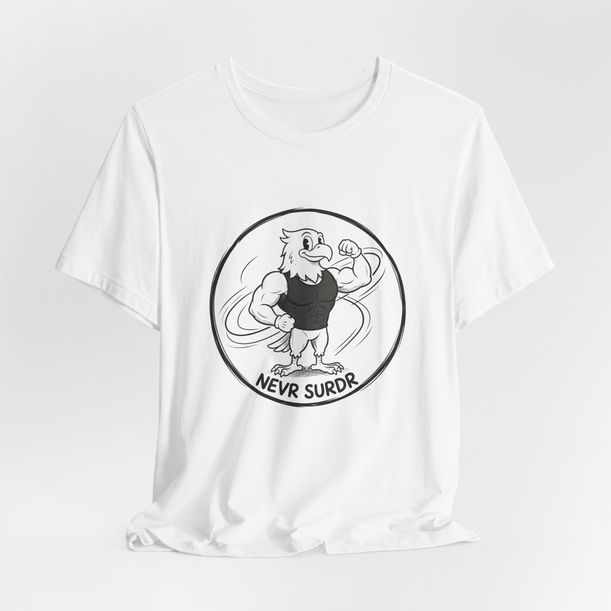 T-Shirt — 'NEVR SURDR' Strongman Cartoon Graphic Tee