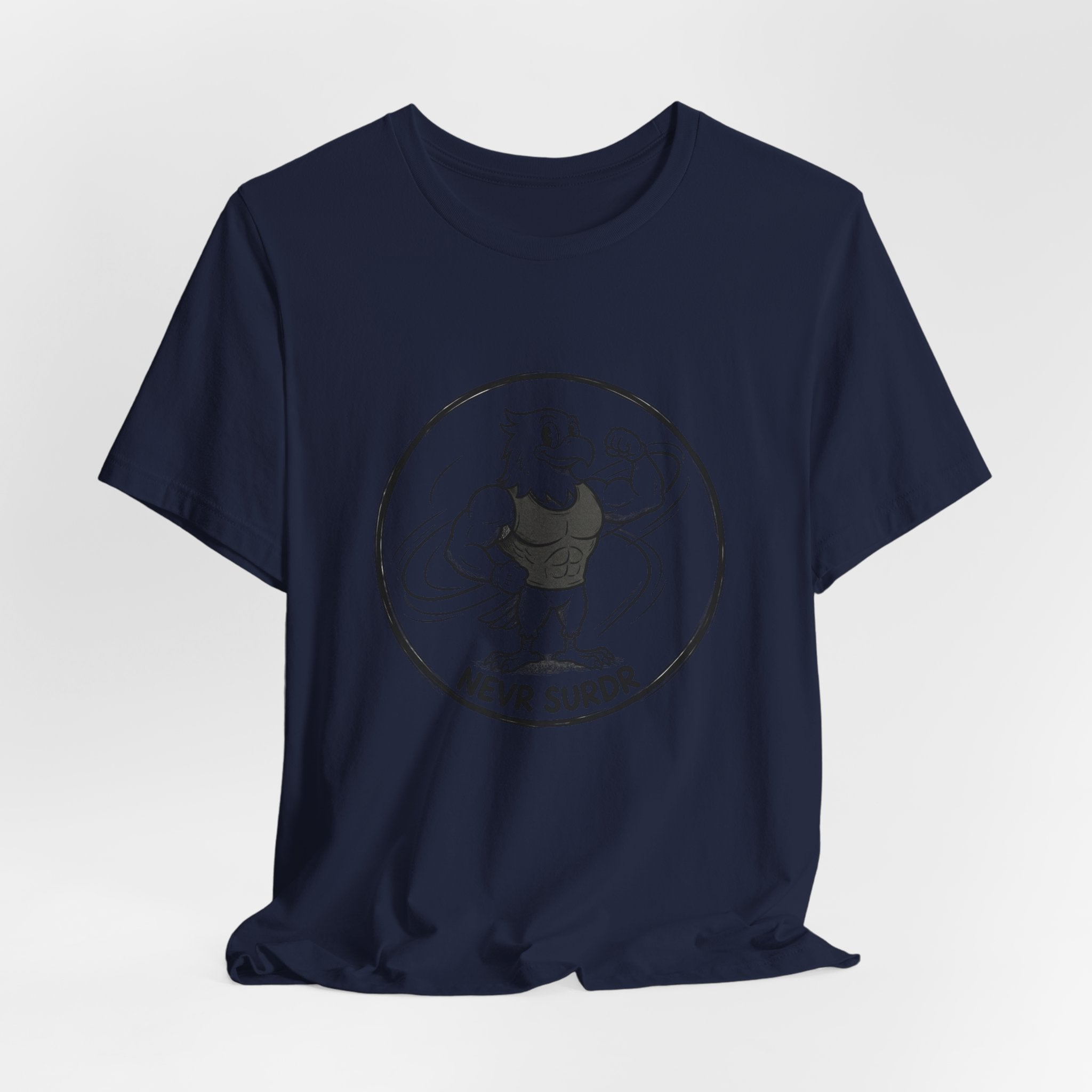 T-Shirt — 'NEVR SURDR' Strongman Cartoon Graphic Tee