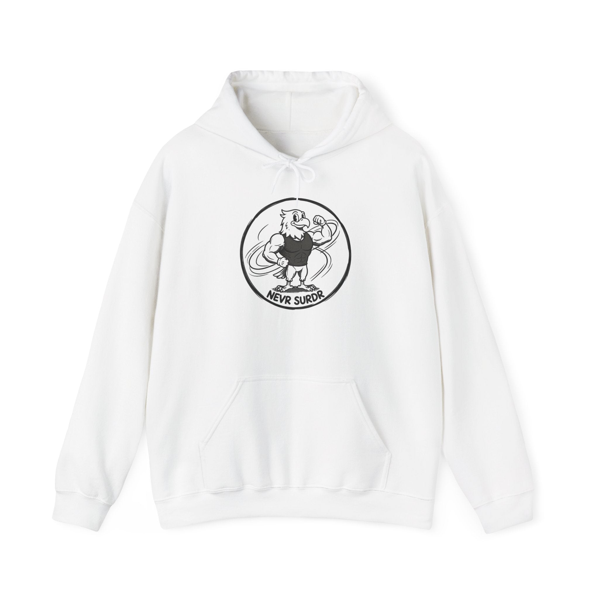 Never Surrender Hoodie — Vintage Strongman Graphic Hooded Sweatshirt