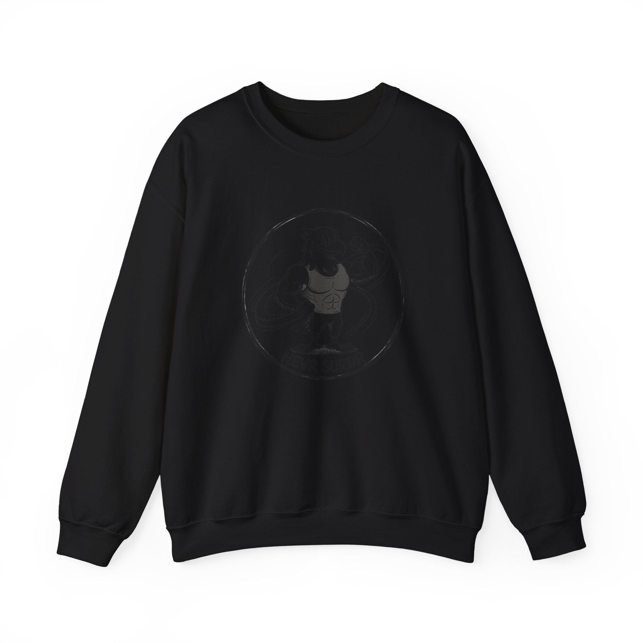 Crewneck Sweatshirt — 'Nevr Surrd' Vintage Strongman Graphic