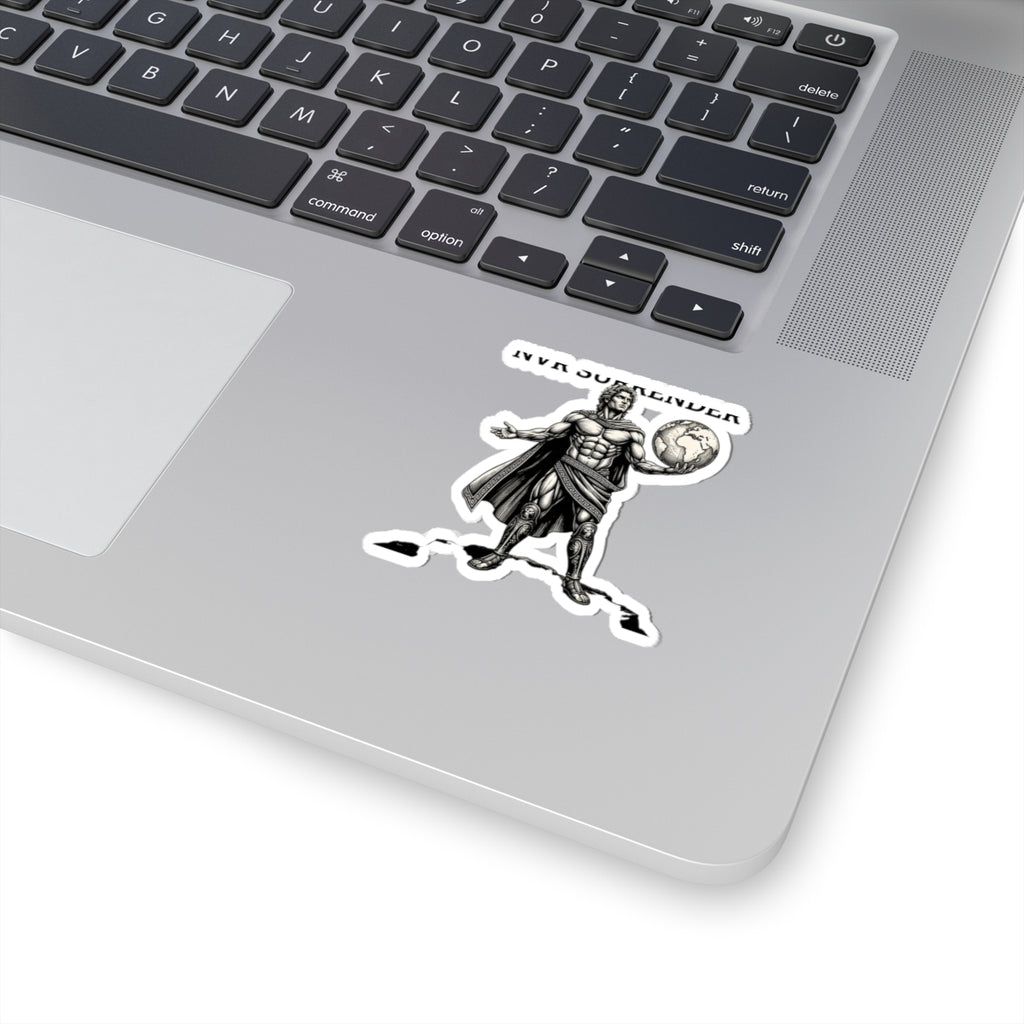 Never Surrender Warrior Sticker — Vintage Mythic Hero Kiss-Cut Laptop Decal
