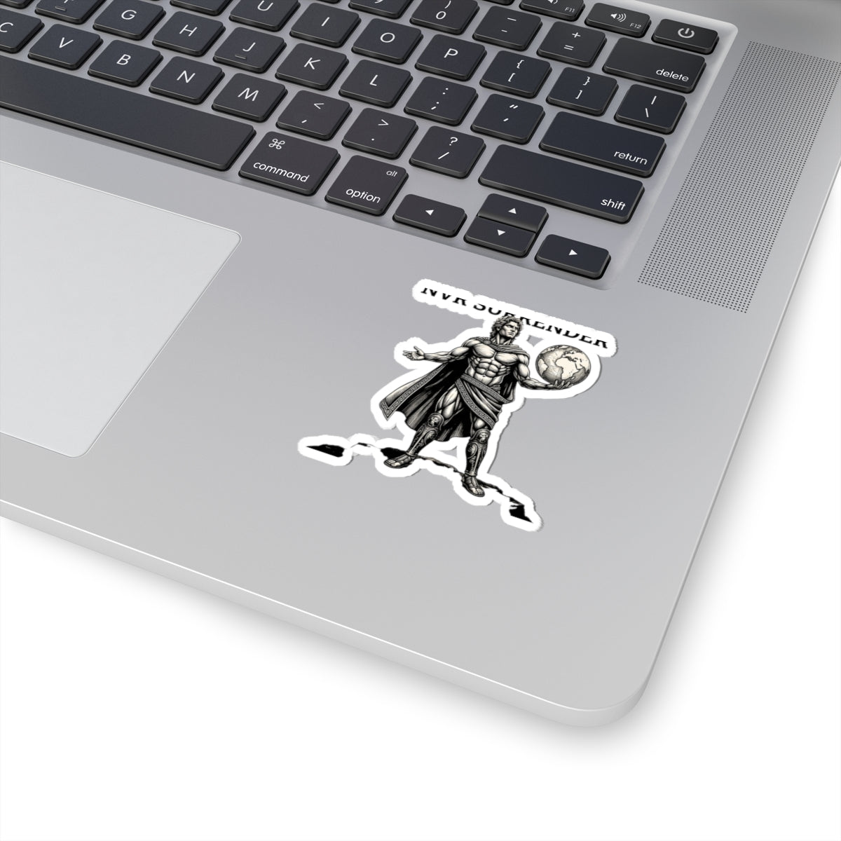 Never Surrender Warrior Sticker — Vintage Mythic Hero Kiss-Cut Laptop Decal