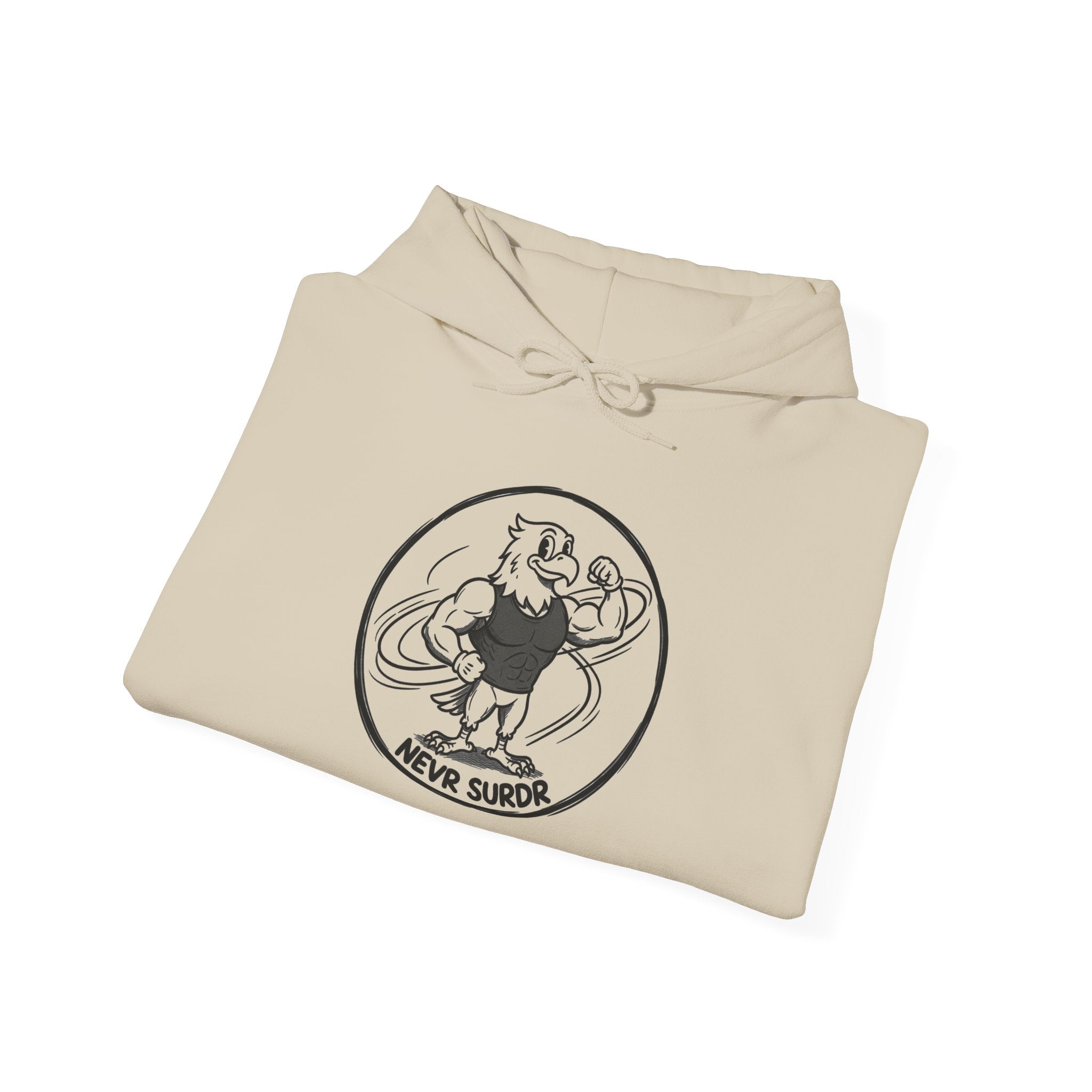 Never Surrender Hoodie — Vintage Strongman Graphic Hooded Sweatshirt