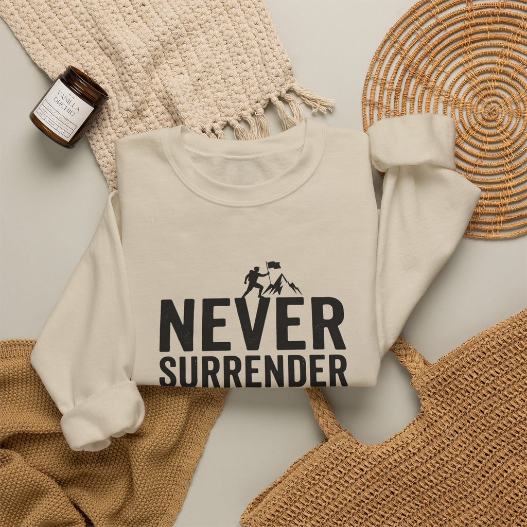 Never Surrender Sweatshirt — Motivational Crewneck for Resilience & Strength