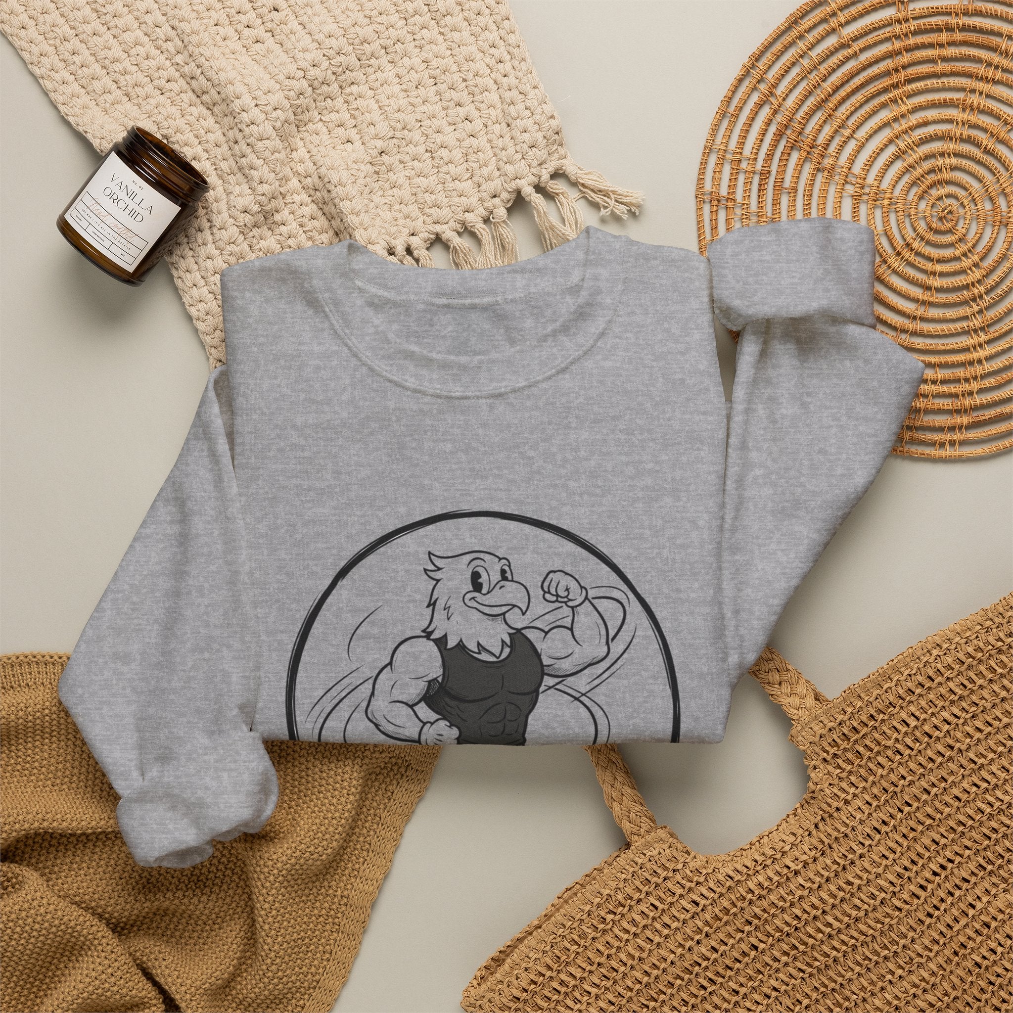 Crewneck Sweatshirt — 'Nevr Surrd' Vintage Strongman Graphic