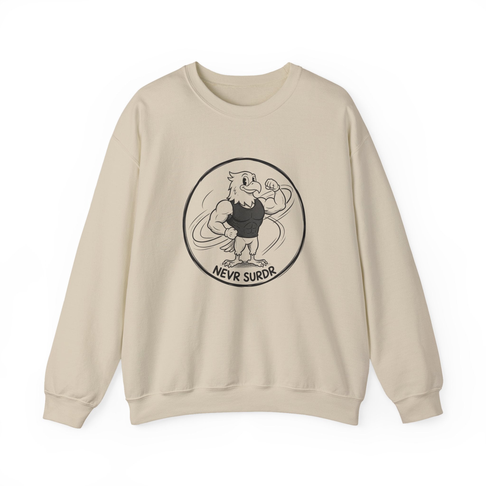 Crewneck Sweatshirt — 'Nevr Surrd' Vintage Strongman Graphic