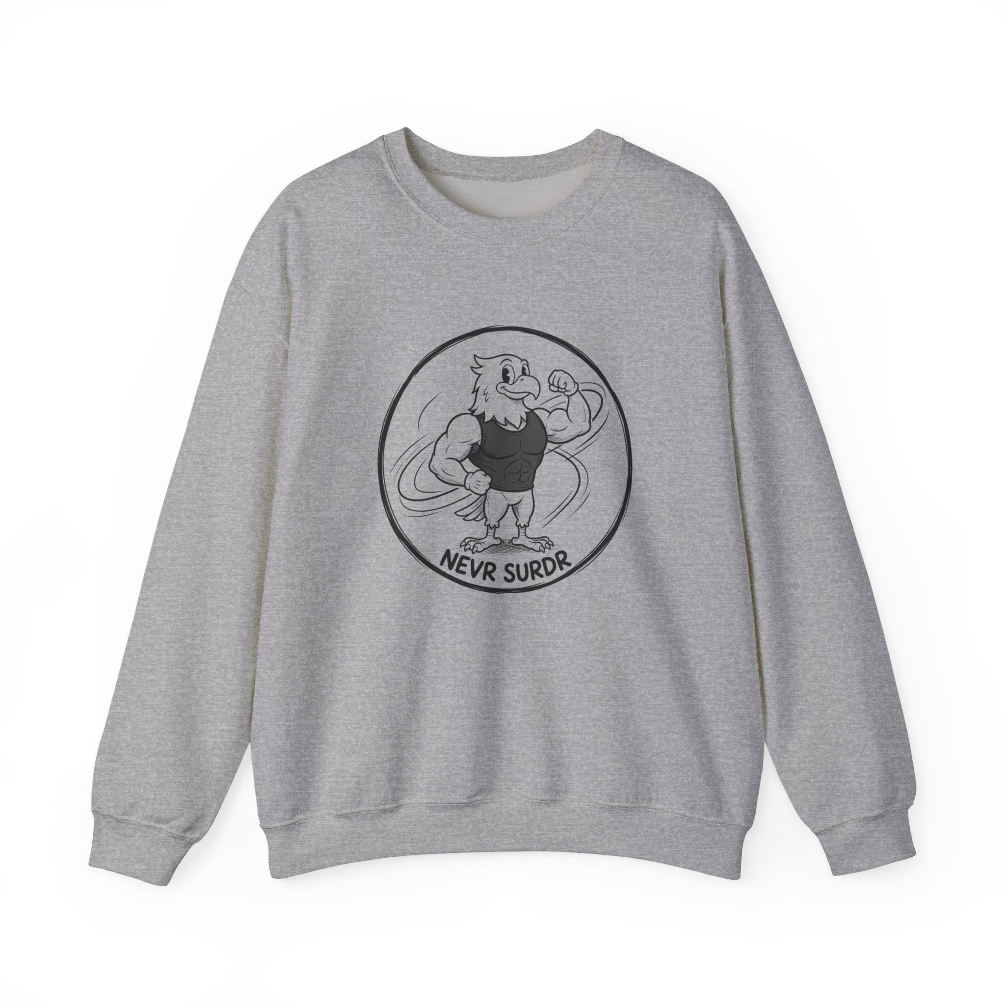 Crewneck Sweatshirt — 'Nevr Surrd' Vintage Strongman Graphic