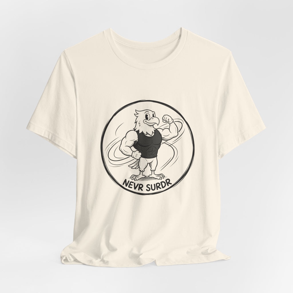 T-Shirt — 'NEVR SURDR' Strongman Cartoon Graphic Tee