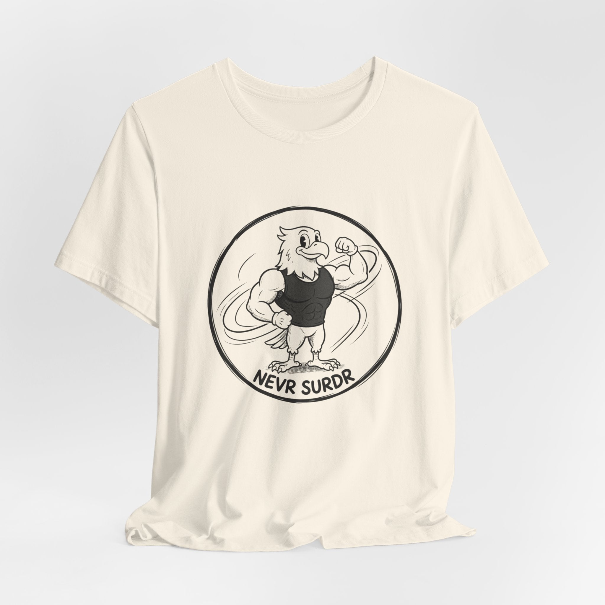 T-Shirt — 'NEVR SURDR' Strongman Cartoon Graphic Tee