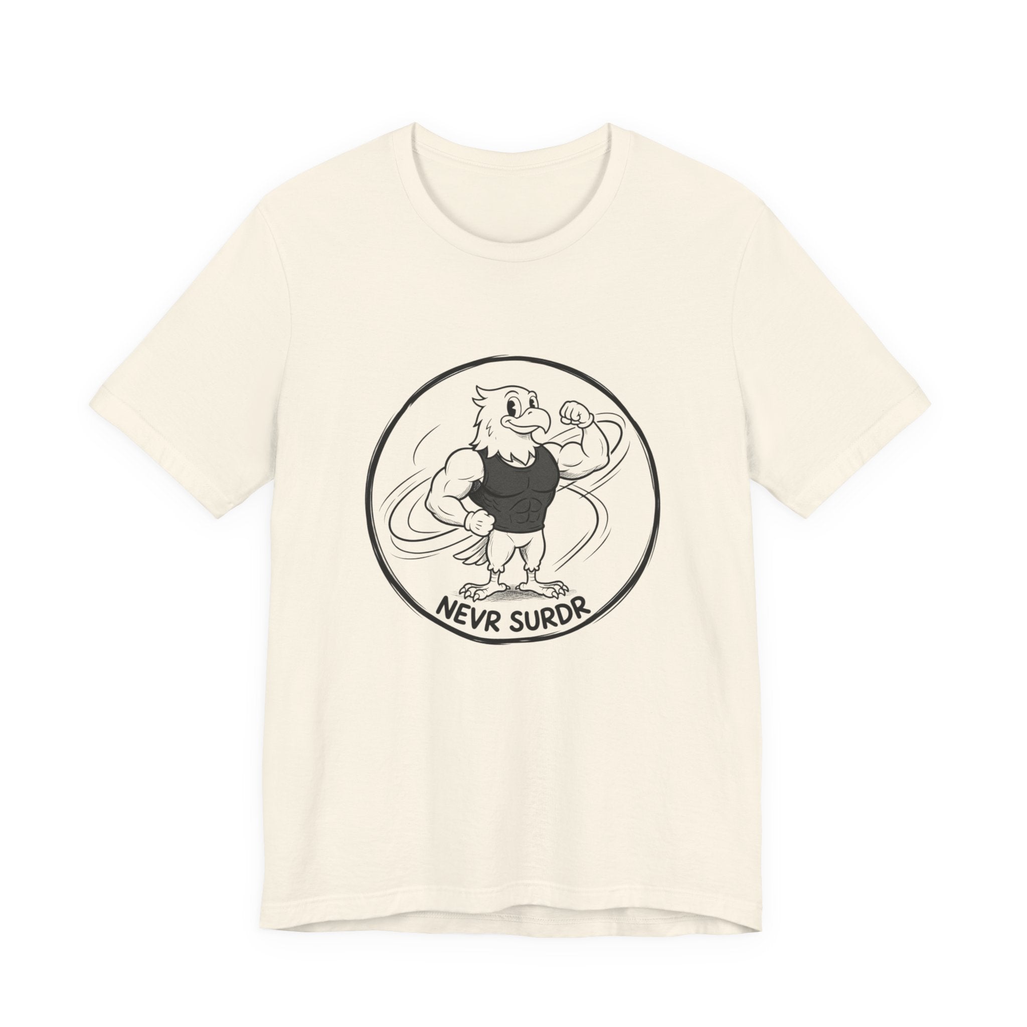 T-Shirt — 'NEVR SURDR' Strongman Cartoon Graphic Tee